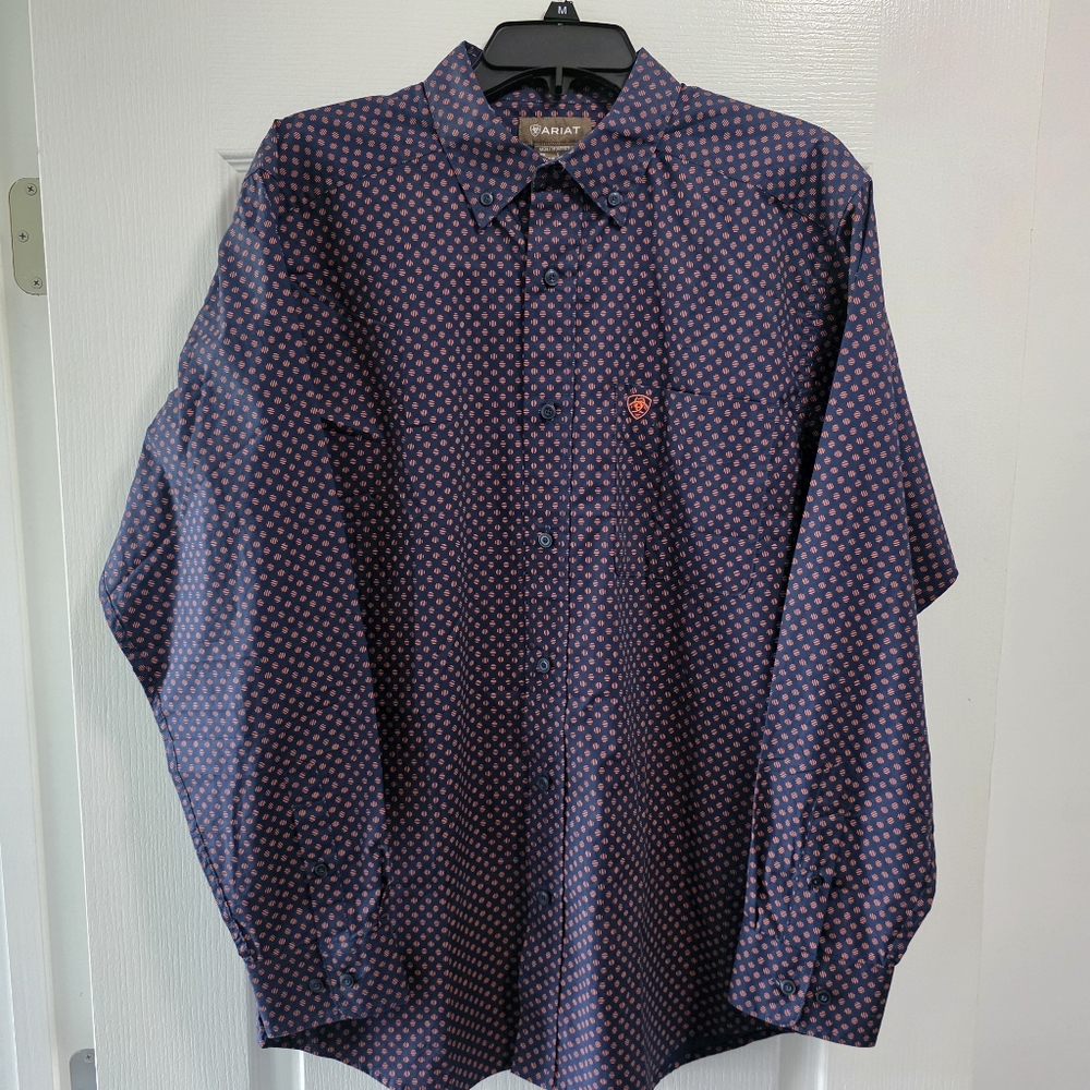 Ariat Men's Long Sleeve Button Down Shirt Navy Blue & Orange Size SM Like New